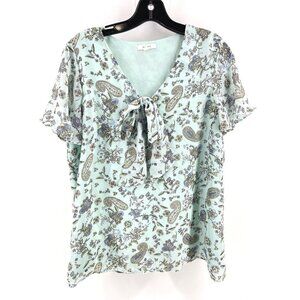 Pleione Women's Paisley Blouse Top V Neck Floral Small Lined Shirt Light Blue